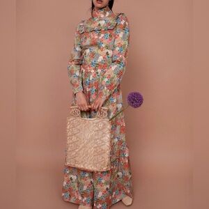 Pink and Green Long Sleeve Gown with Mock Neck